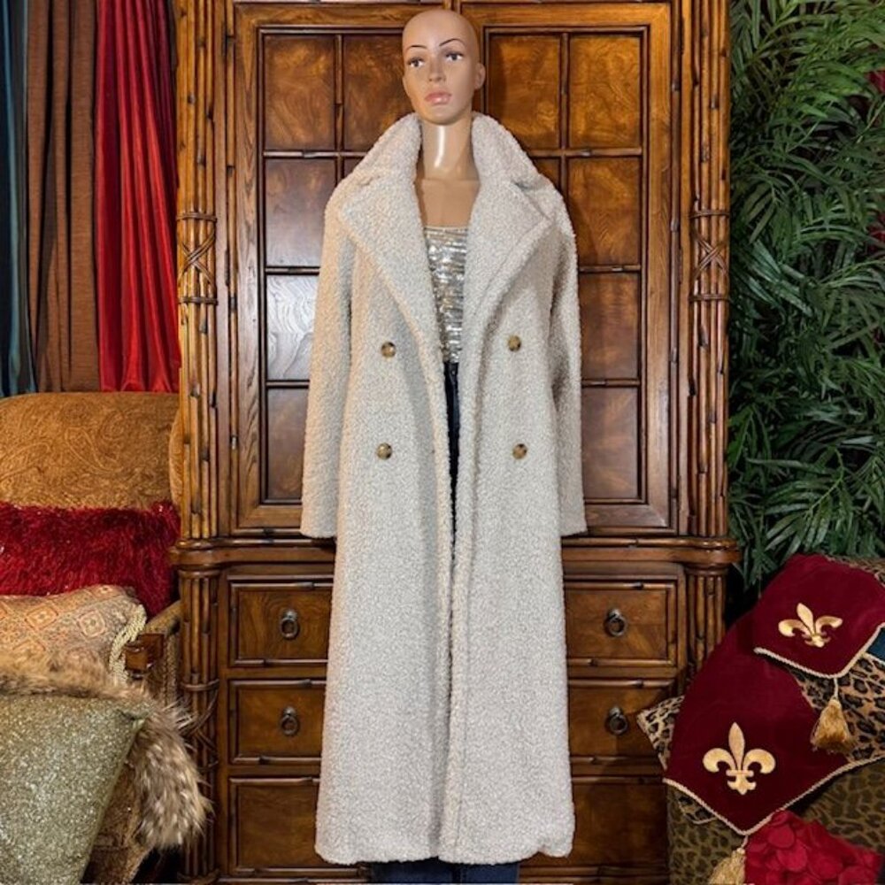 G by Giuliana Black Label Pale Gray Faux Shearling Teddy Double Breast Long Coat